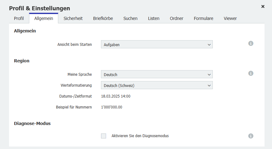 Startansicht und Sprache